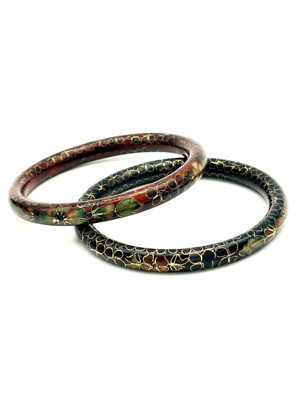 Cloisonné Floral Bangle Pair - Multicolor Antique Chinese Gold Vermeil